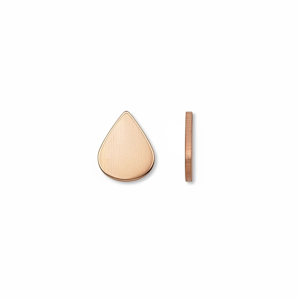 A small teardrop-shaped wooden stud or charm with a natural light wood finish, shown from the front and side against a plain white background.
