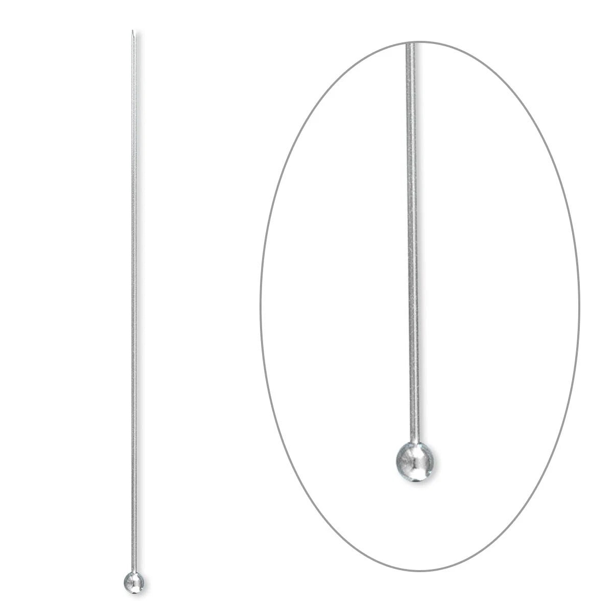 A silver metal straight pin with a spherical ball end, shown vertically alongside a circular inset magnifying the ball tip.