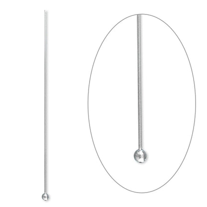 A silver metal straight pin with a spherical ball end, shown vertically alongside a circular inset magnifying the ball tip.