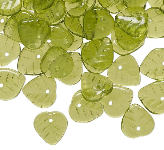 Green leaf-shaped beads on a white background