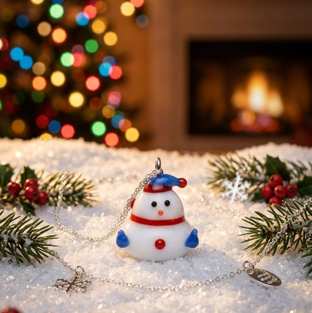 Lampwork Glass Snowman Charm, White with Blue Hat, 15x14mm - 1 pc