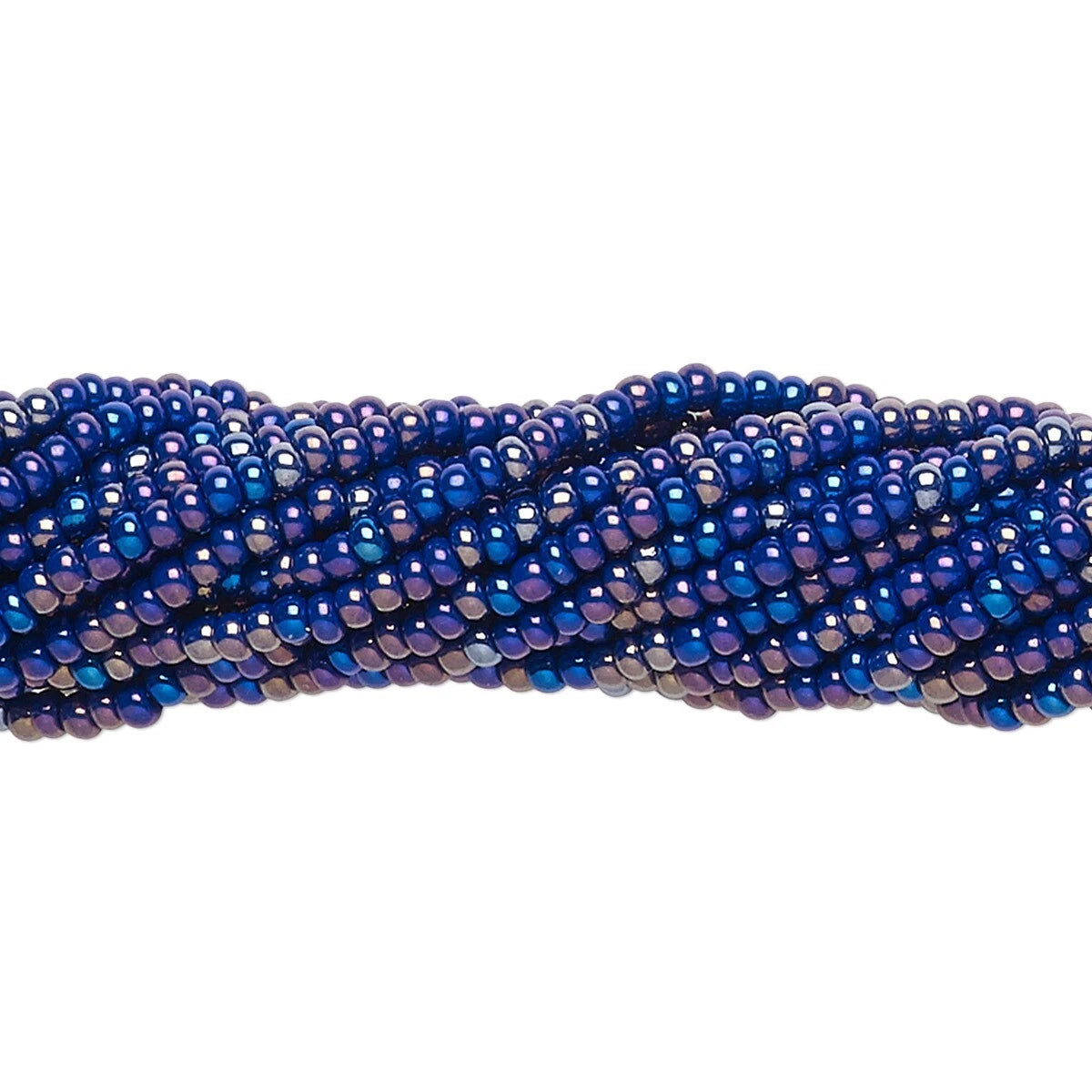 A close-up of a strand of small, round, iridescent blue beads on a plain white background.