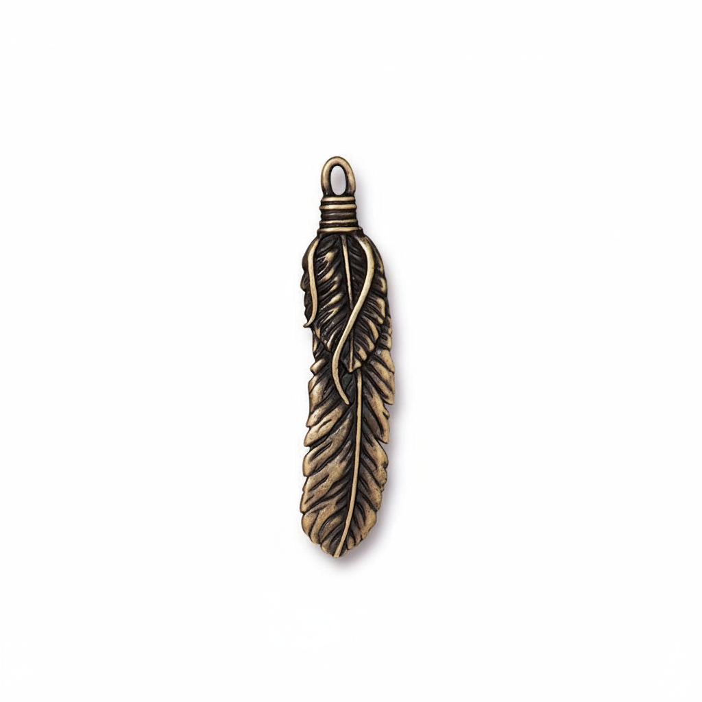 An antique bronze feather pendant charm with a detailed textured feather design and a wrapped loop at the top, shown on a plain white background.