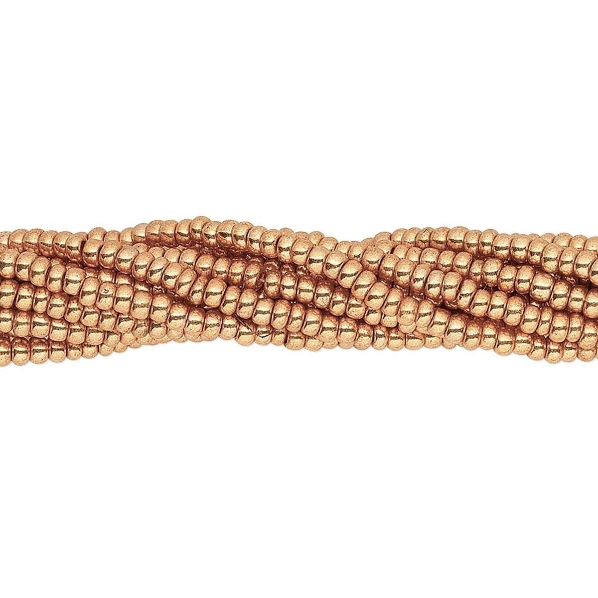 A close-up of multiple strands of small metallic rose-gold beads arranged in a horizontal row on a plain white background.