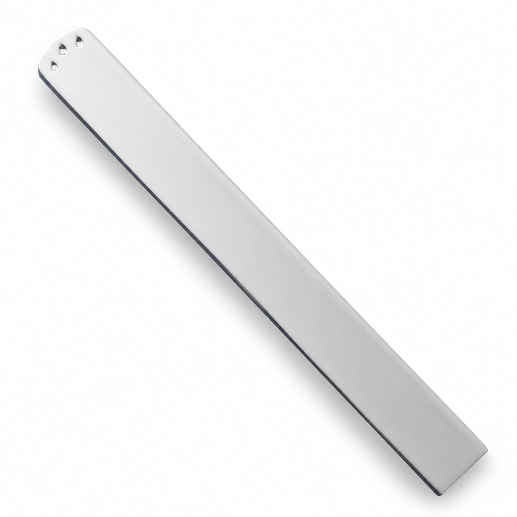 A long, slender metallic bookmark shown diagonally on a plain white background.