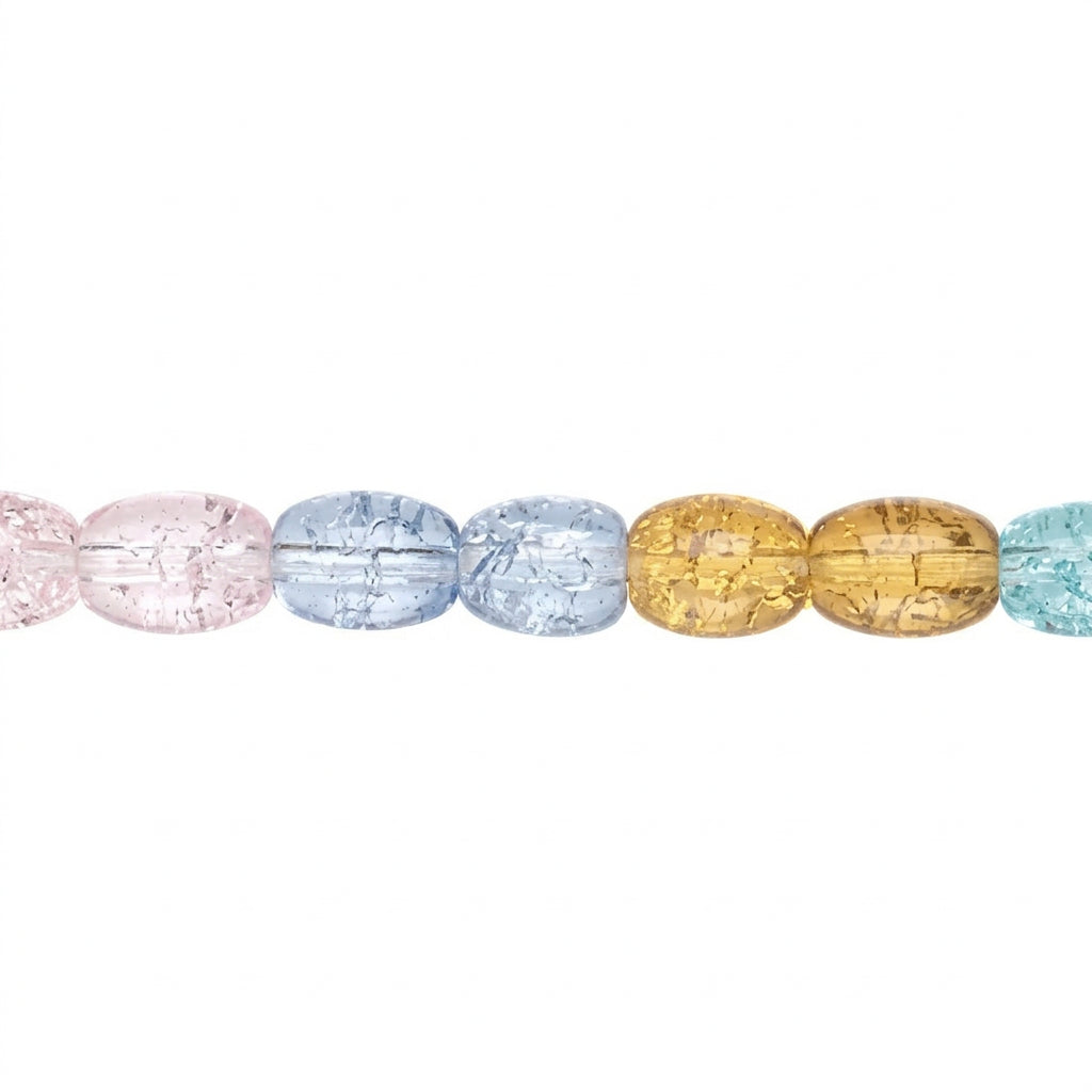 A close-up horizontal view of faceted oval beads in pastel colors, including pink, light blue, and gold, on a plain white background.