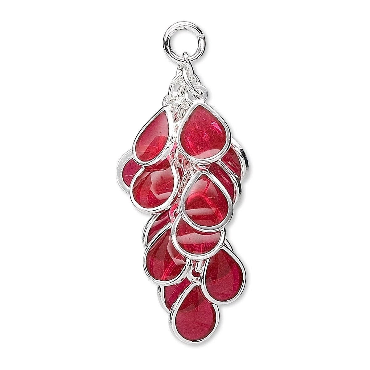 A silver-toned teardrop-shaped pendant charm featuring multiple faceted red gemstones, shown on a plain white background.