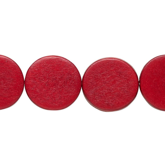 A close-up of a string of round, flat red beads with a textured, matte finish, shown against a plain white background.
