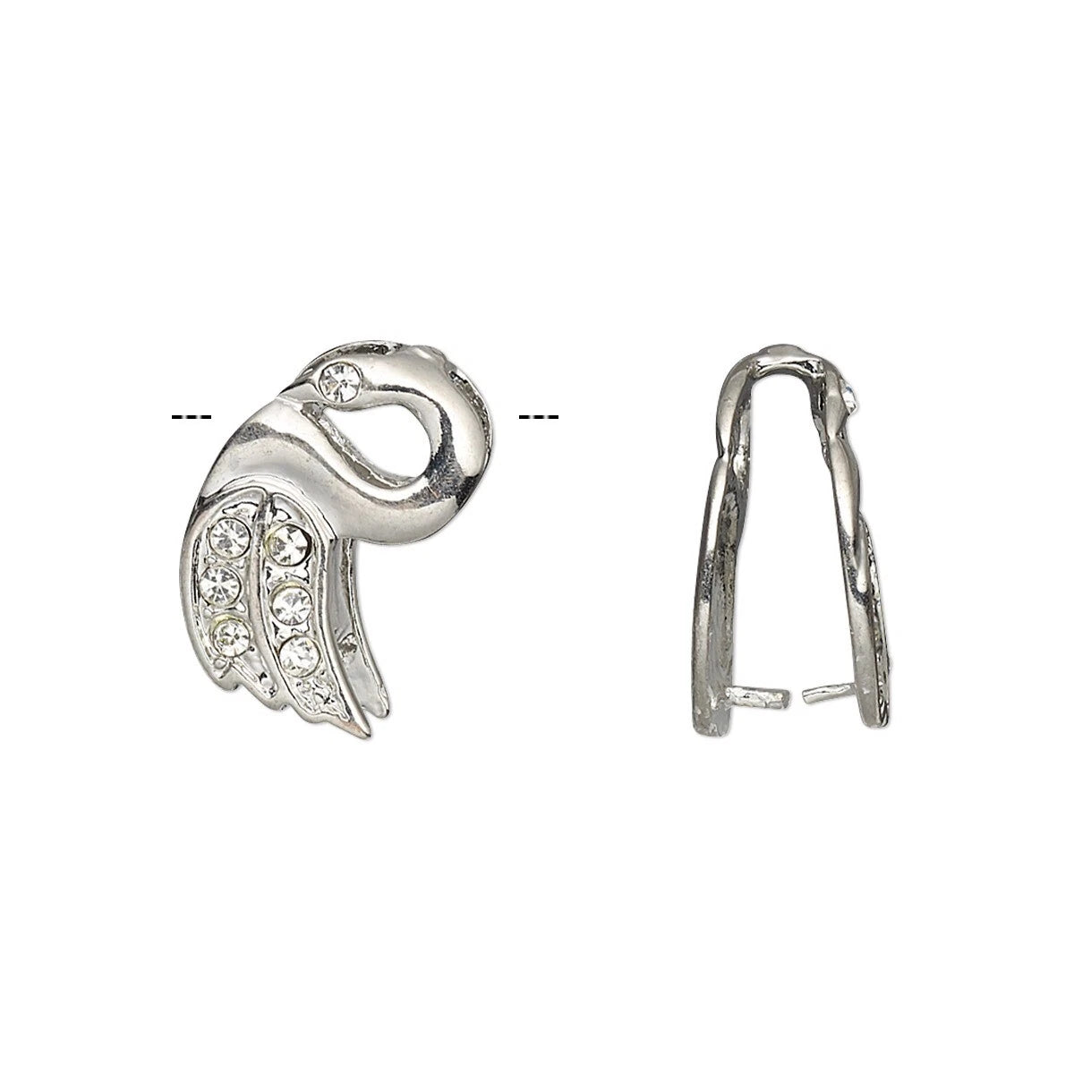 A silver-toned huggie hoop earring shown from two angles: a front view featuring a stylized bird head with clear rhinestone accents, and a side profile view of the huggie band, on a plain white background.