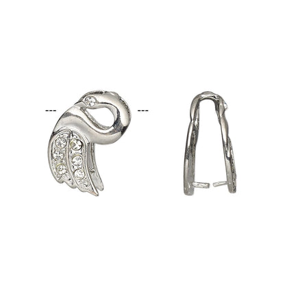 A silver-toned huggie hoop earring shown from two angles: a front view featuring a stylized bird head with clear rhinestone accents, and a side profile view of the huggie band, on a plain white background.