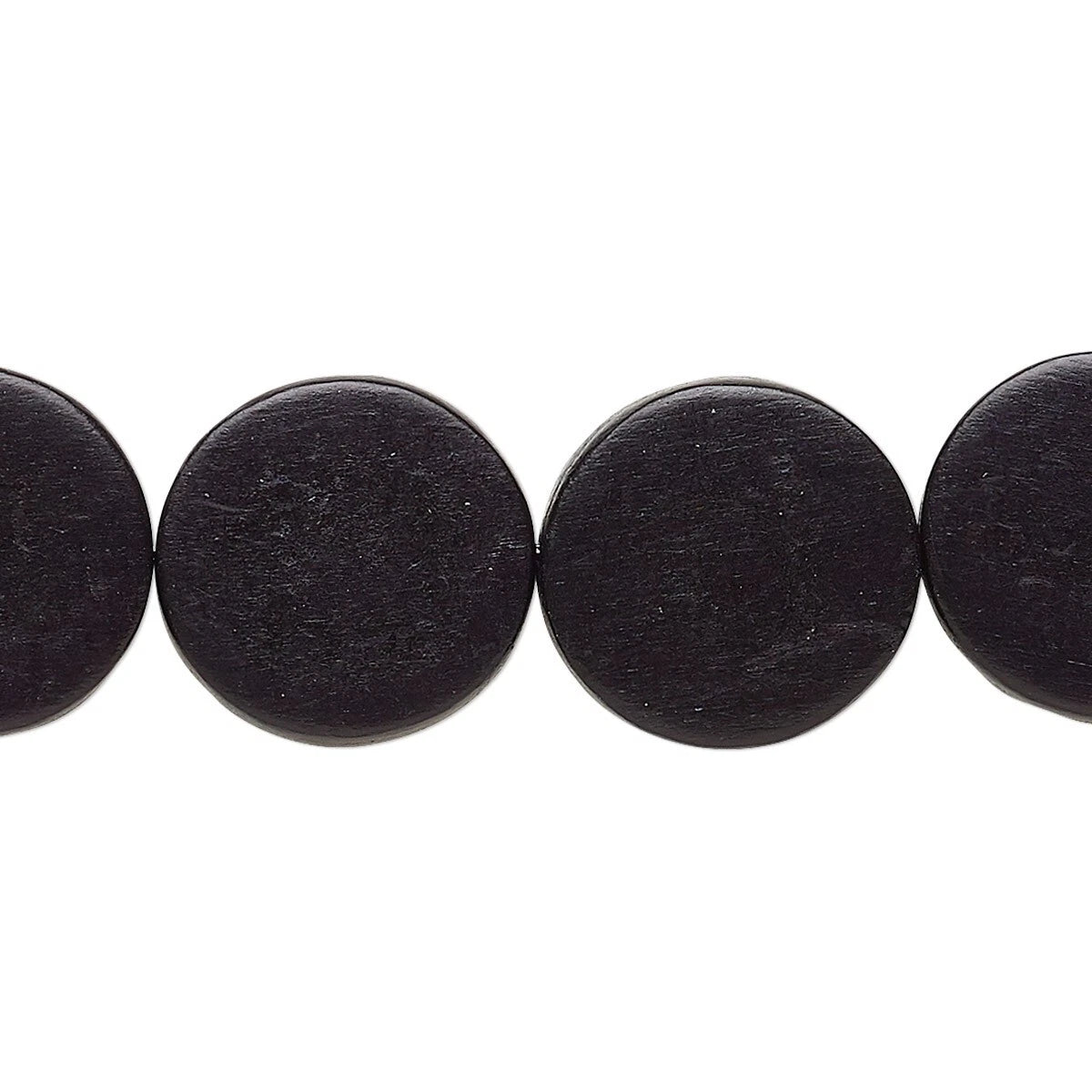 A close-up of a black beaded necklace or bracelet featuring round, flat disc beads with a matte, slightly textured finish, shown against a plain white background.