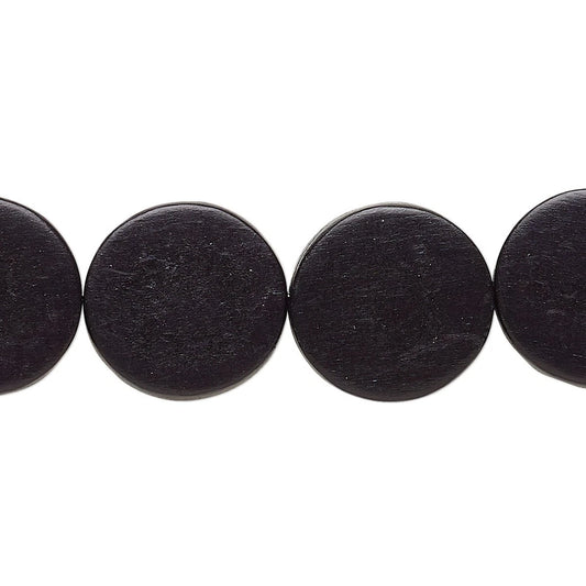 A close-up of a black beaded necklace or bracelet featuring round, flat disc beads with a matte, slightly textured finish, shown against a plain white background.