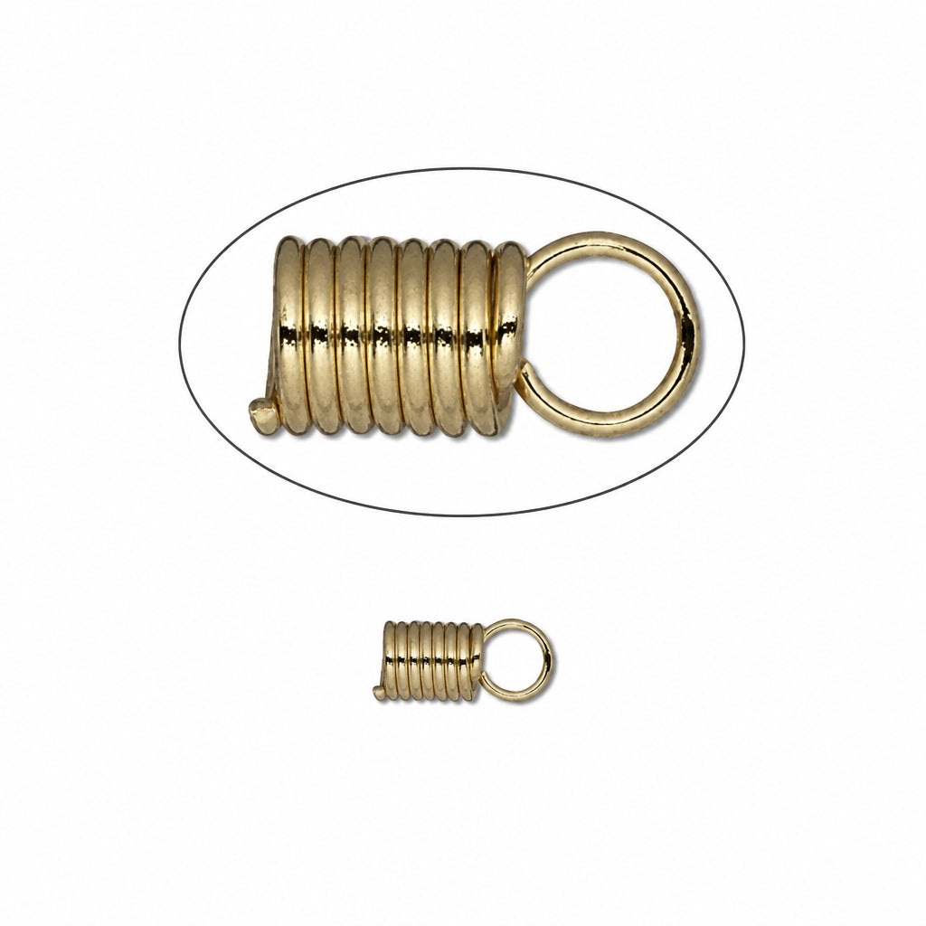 A gold-toned metal spring clasp with a loop, shown both enlarged inside an oval outline and smaller in full size below on a white background.