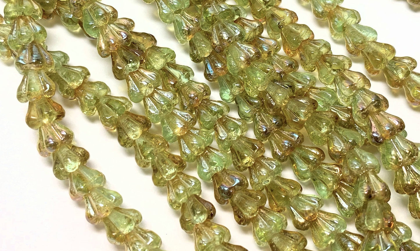 Czech Glass Baby Bell Cone Flower Beads 6x4mm Chrysolite Green — 50 pcs