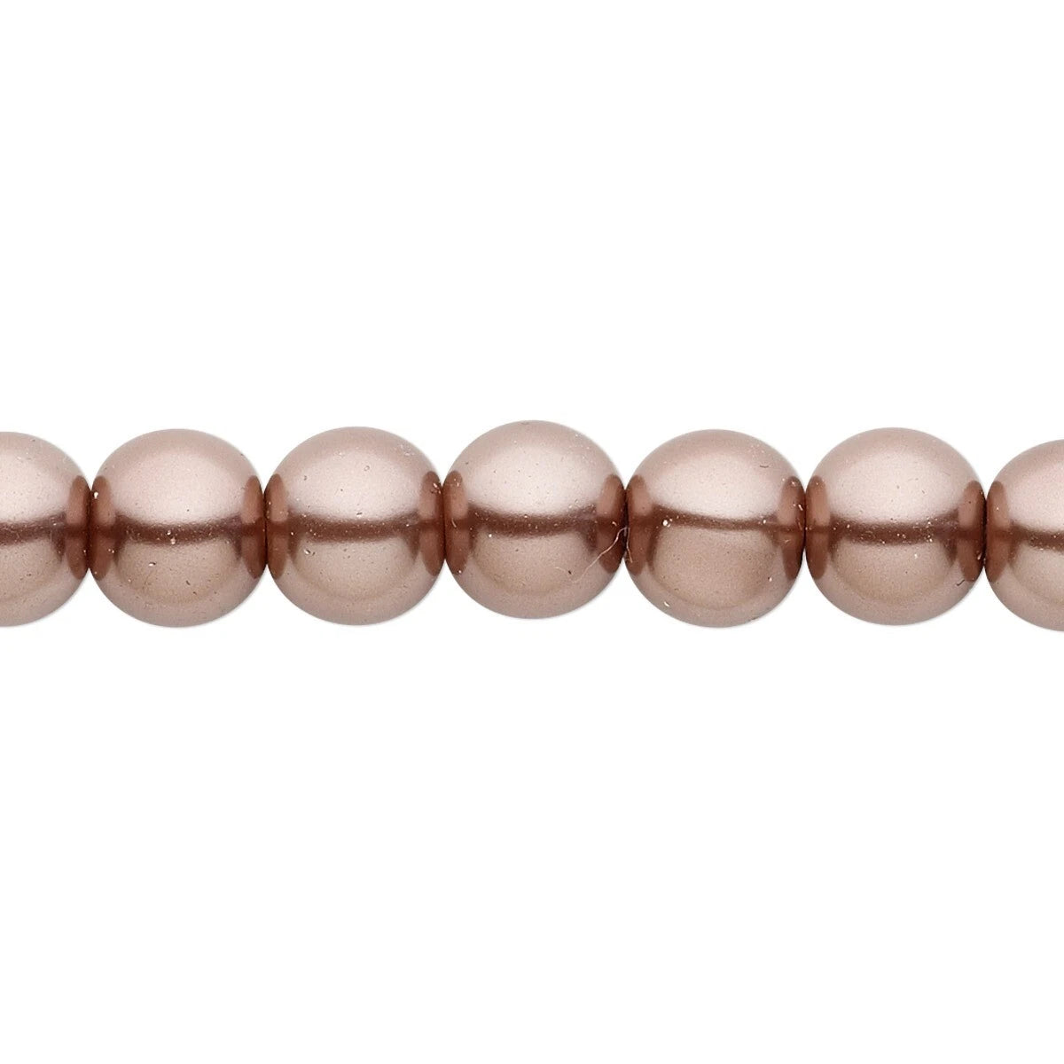 A close-up of glossy, metallic beads strung horizontally against a plain white background.
