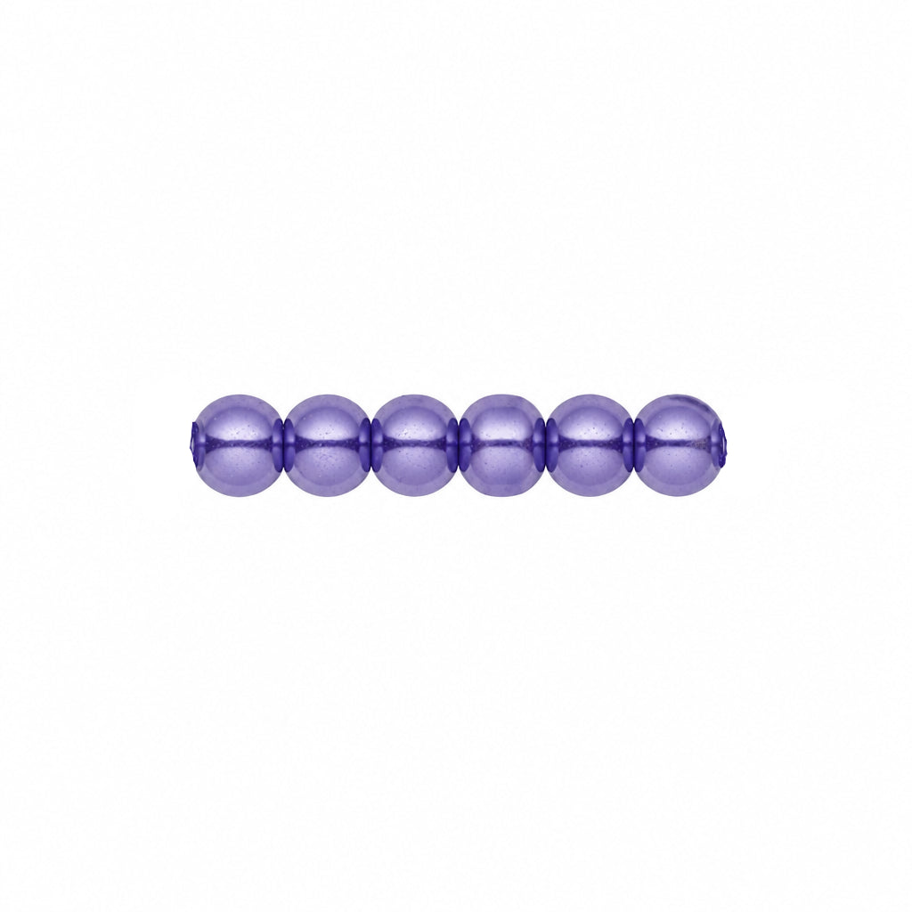 A close-up of a strand of glossy purple beads on a plain white background.