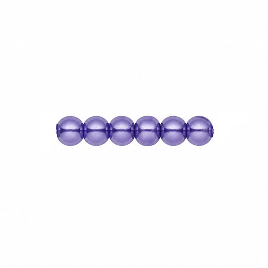A close-up of a strand of glossy purple beads on a plain white background.