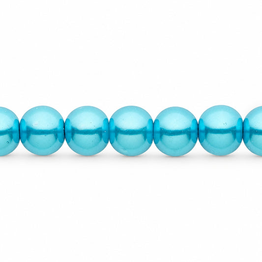 A close-up horizontal line of glossy,  blue beads on a plain white background.