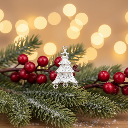 Sterling Silver Christmas Tree Link Connector, 24x15mm, 3 Loops - 1 pc