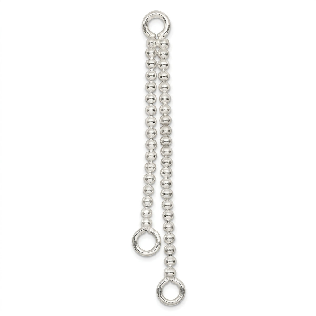 A silver beaded chain extender with two circular ring loops, shown vertically against a solid dark gray background.
