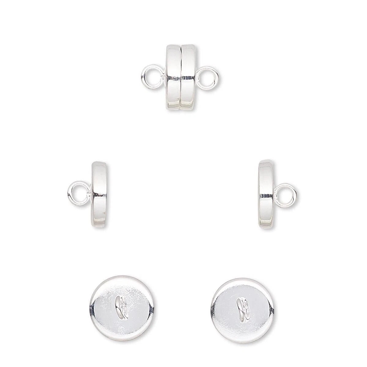 Sterling silver jewelry findings set including a double-loop clasp, a side tab clasp, and two round disc end caps with an engraved monogram logo, displayed on a clean white background.