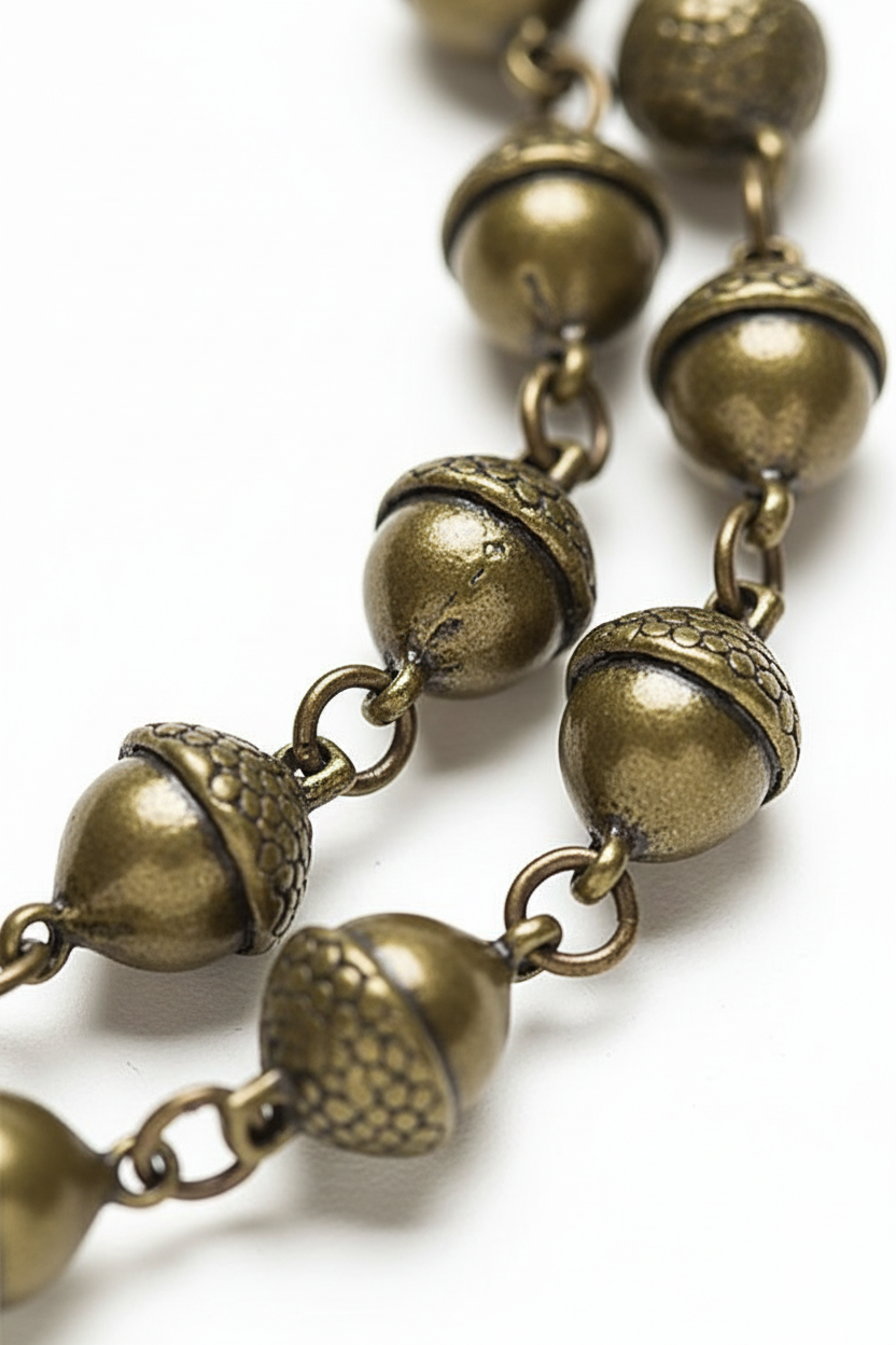 Antiqued Brass Pewter 3D Acorn Connector Charm Chain 12" — 17 Acorn Charms