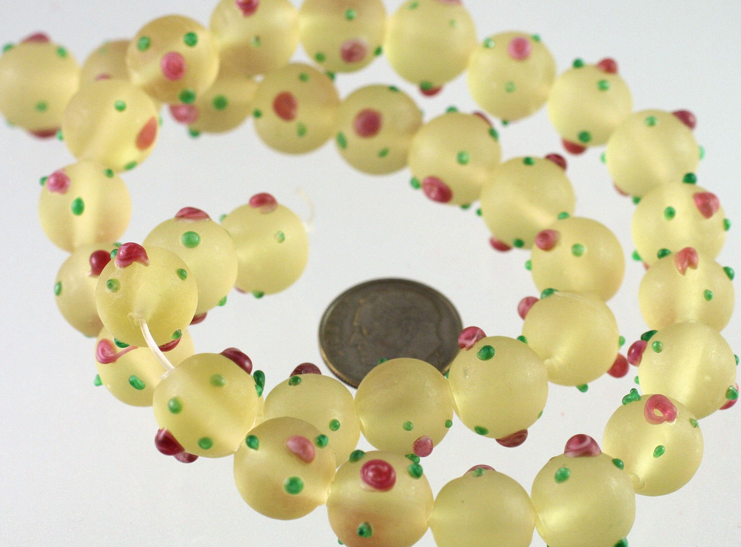 Lampworked Glass Beads: Frosted Lemon Yellow with Pink Roses & Green Leaves, 11-12mm Round (1 Strand)