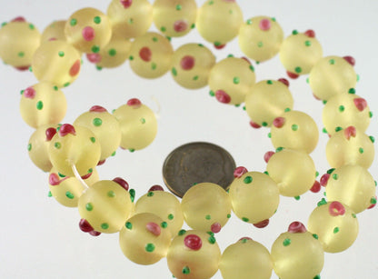 Lampworked Glass Beads: Frosted Lemon Yellow with Pink Roses & Green Leaves, 11-12mm Round (1 Strand)