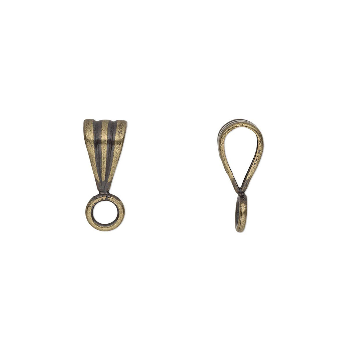 Two antique bronze jewelry findings, one a bail with a ring and three vertical grooves, and the other a small loop clasp, shown on a plain white background.
