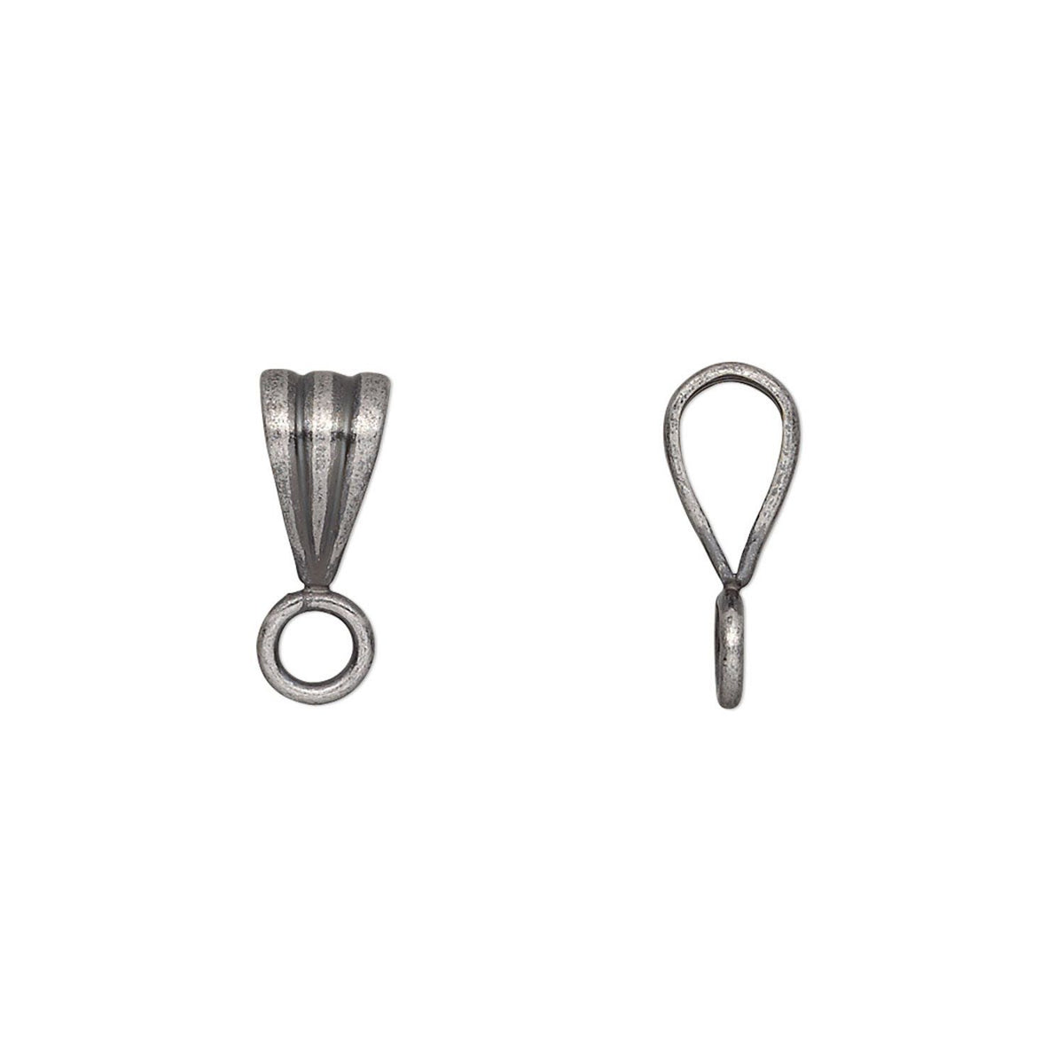 Two silver metal jewelry findings, one a bail with a ring and the other a teardrop loop with a small bottom loop, shown on a plain white background.