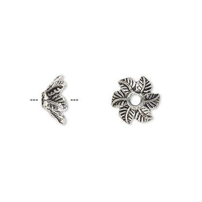 Antiqued Silver Pewter Leaf Bead Caps, 10x5mm, 20 pcs