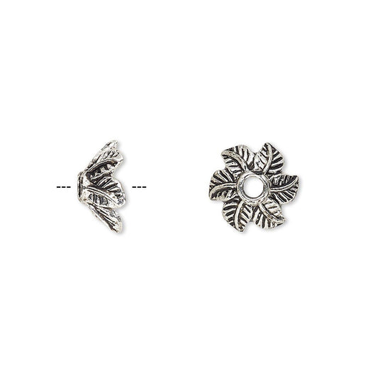 Antiqued Silver Pewter Leaf Bead Caps, 10x5mm, 20 pcs