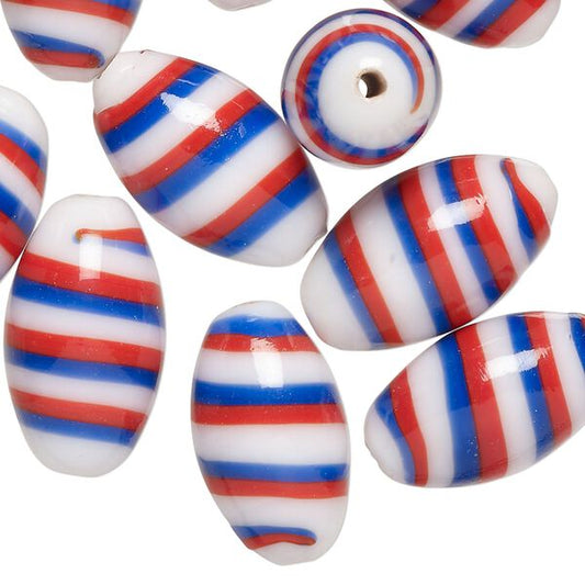 Lampwork Glass Oval Beads, Red White & Blue, 20x11mm, 10 pcs