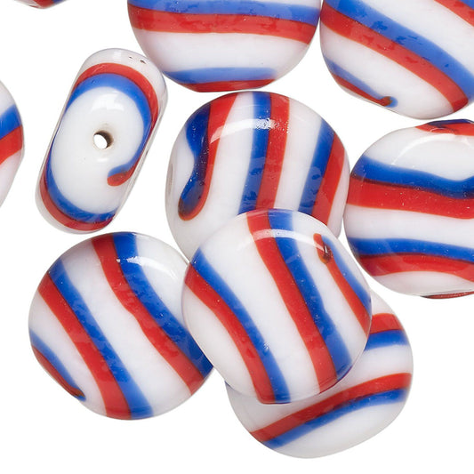 Lampwork Glass Flat Round Beads, Red White & Blue, 17mm, 10 pcs