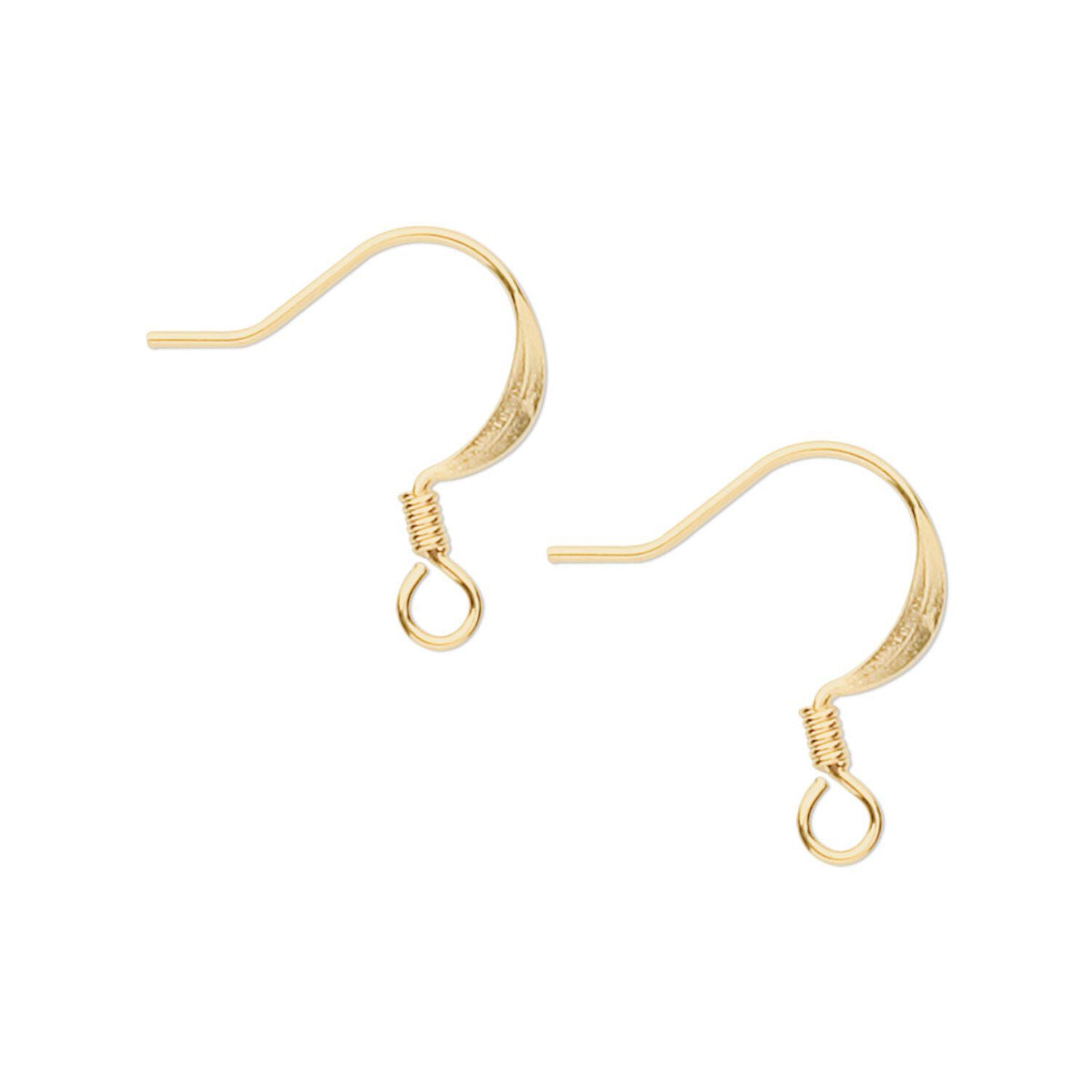 A pair of gold-colored metal fishhook ear wires with a textured finish and a small loop at the end, shown on a plain white background.