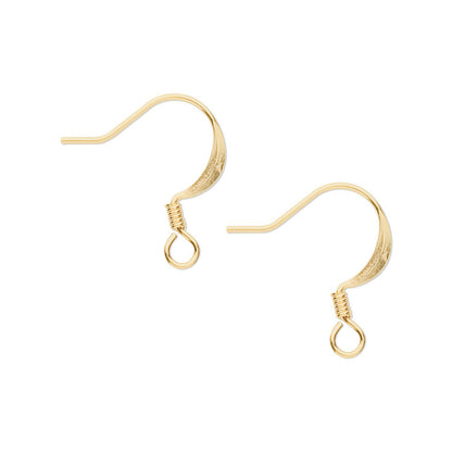 A pair of gold-colored metal fishhook ear wires with a textured finish and a small loop at the end, shown on a plain white background.