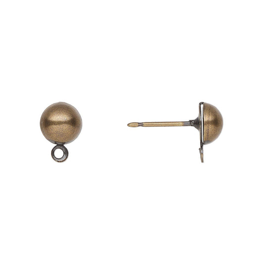 Antiqued Gold Plated Brass & Steel 6mm Half Ball Earring Posts with Closed Loop