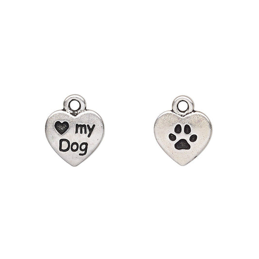 TierraCast Antiqued Silver Pewter "Love My Dog" Heart Charm, 12x10mm - 2 pcs
