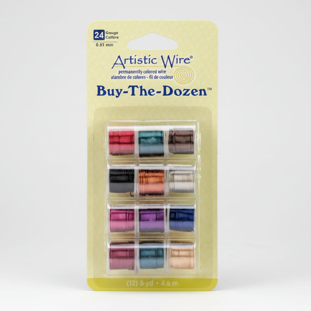 Artistic Wire 'Buy-The-Dozen' 24-gauge package of permanently colored embroidery floss, showing 12 spools in various colors on a yellow backing card.