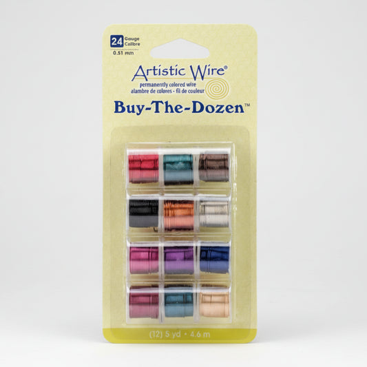 Artistic Wire 'Buy-The-Dozen' 24-gauge package of permanently colored embroidery floss, showing 12 spools in various colors on a yellow backing card.