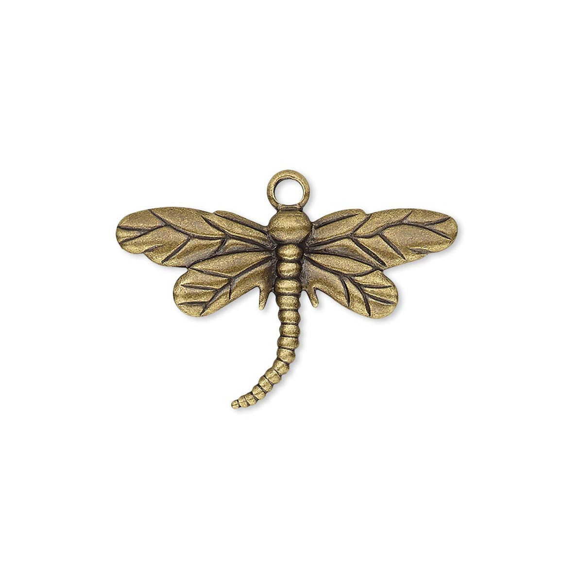 An antique bronze dragonfly pendant charm with detailed wing and body textures, shown on a plain white background.