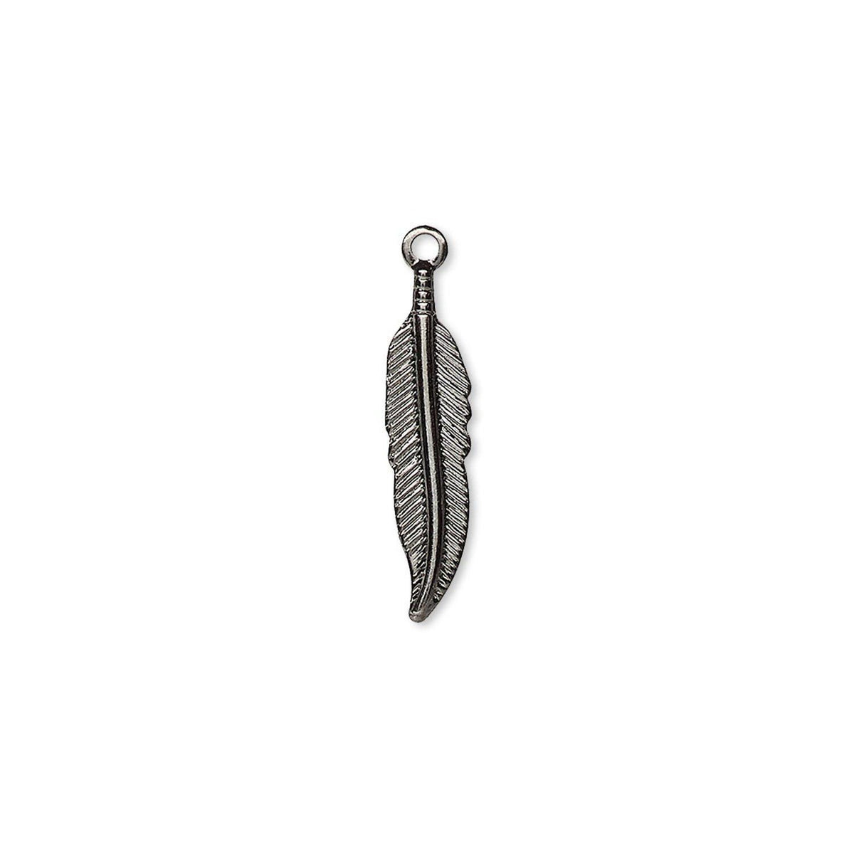 A single feather-shaped metal charm with a textured, oxidized finish and a small hanging loop at the top, shown on a plain white background.