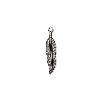 A single feather-shaped metal charm with a textured, oxidized finish and a small hanging loop at the top, shown on a plain white background.