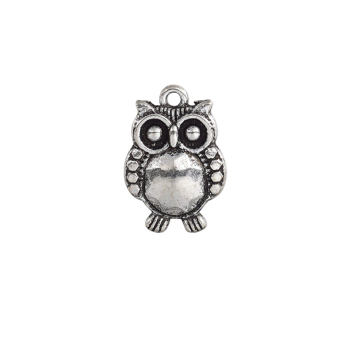 An antique silver owl charm pendant with a textured finish and a top loop, shown on a plain white background.