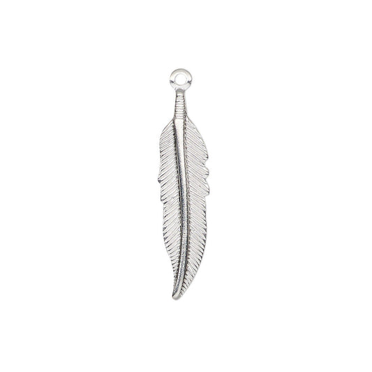 Shiny Silver Plated Brass Feather Charm, 25x6mm - 100 pcs