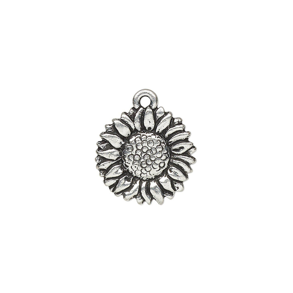 A single silver-toned metal sunflower charm with an antiqued finish, featuring textured petals and a detailed center, shown on a plain white background.