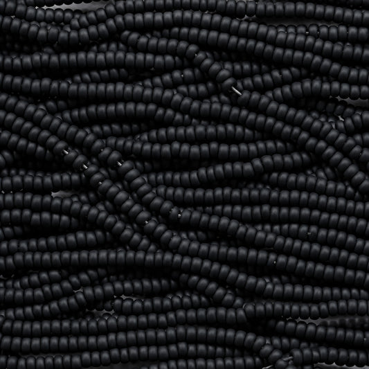 A close-up of many small dark beads strung together in dense horizontal rows, filling the entire frame.
