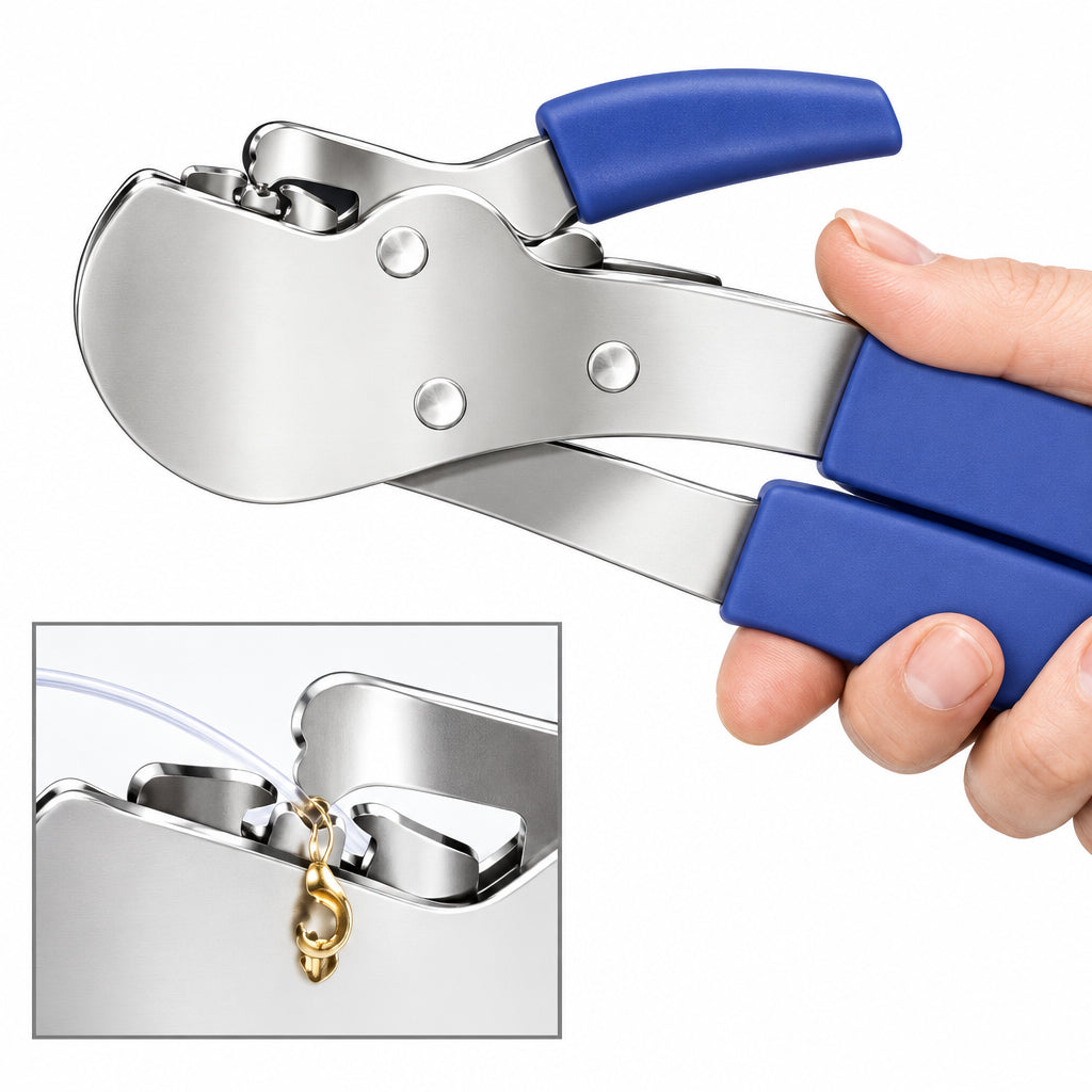 A close-up of a hand using a silver metal can opener with blue handles, shown over a blue graphic background with a small inset demonstrating the action.