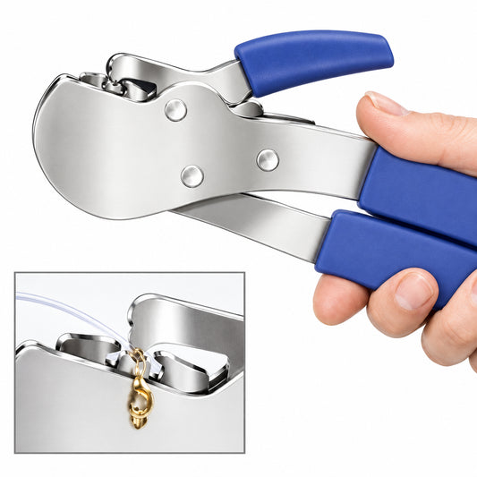 A close-up of a hand using a silver metal can opener with blue handles, shown over a blue graphic background with a small inset demonstrating the action.
