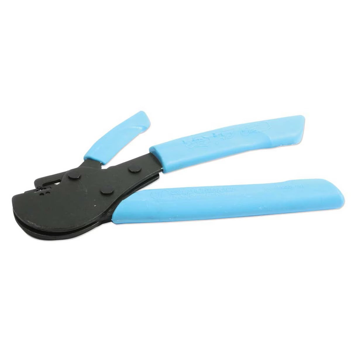 Blue and black crimping tool on a white background